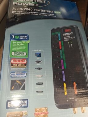 the Monster Power Audio/Video PowerCenter AV 775G, a 7-outlet surge protector fe